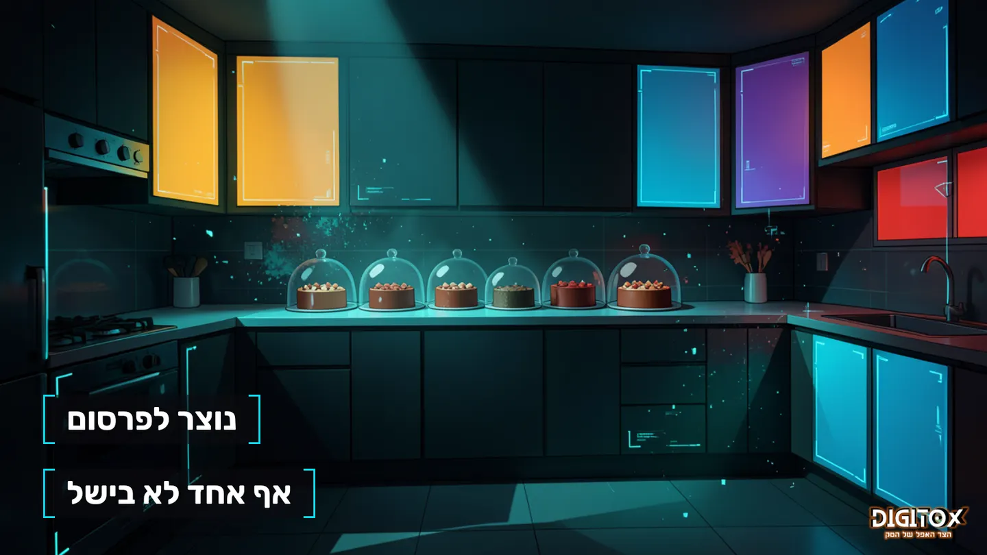מטבח ריק עם עוגות תחת פעמונים, ולוחות פרסום צבעוניים כמקור האור היחיד